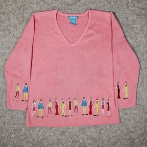Alexandra Bartlett Womens Embroidered People Upscale Classy V-Neck Sweater Sz S